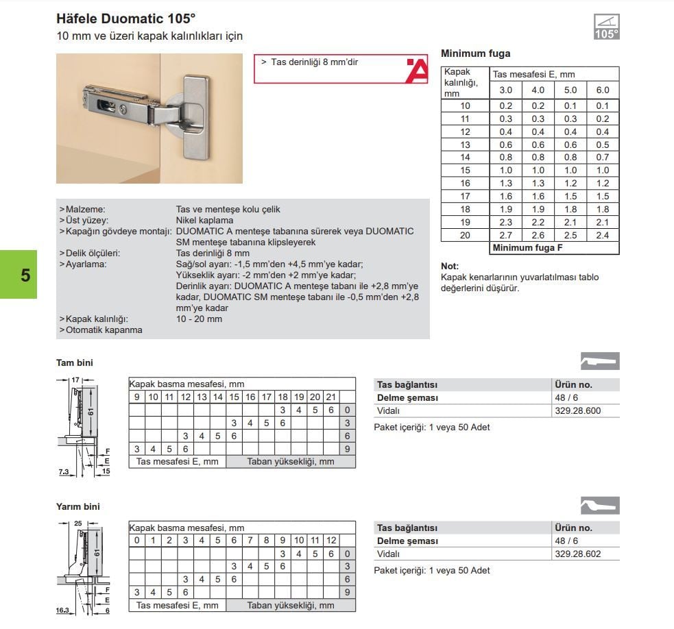 Hafele D. İnce Kapak Menteşesi Ydb 48/6 10-20mm - 2. görsel | Aras Ankastre
